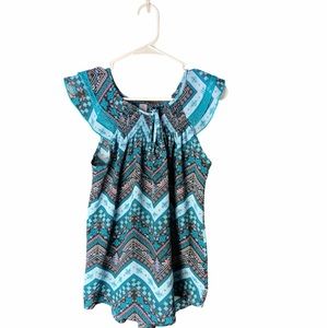 Short Sleeve Blue Blouse Patterned Shirt Size M